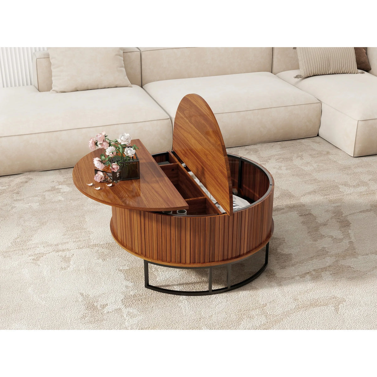 31.5 Inch Round Coffee Table with Storage,Fluted Lift Top Center Table, Midcentury Modern Flip-top Curved Table for Living Room,