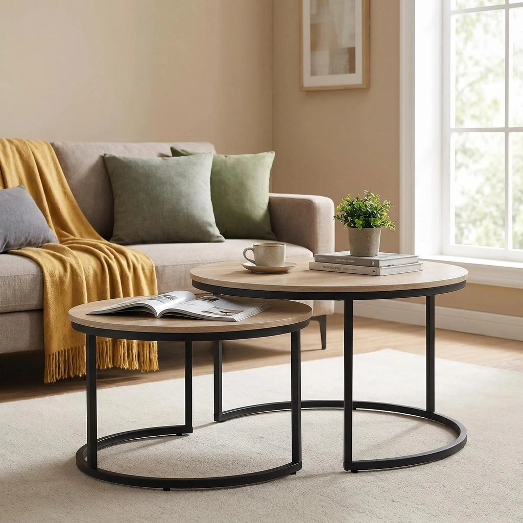 31.5-inch Round Nesting Table set of 2, Accent Coffee Table, Natural Oak Wood Finish, Space-Saving, Modern Industrial Style