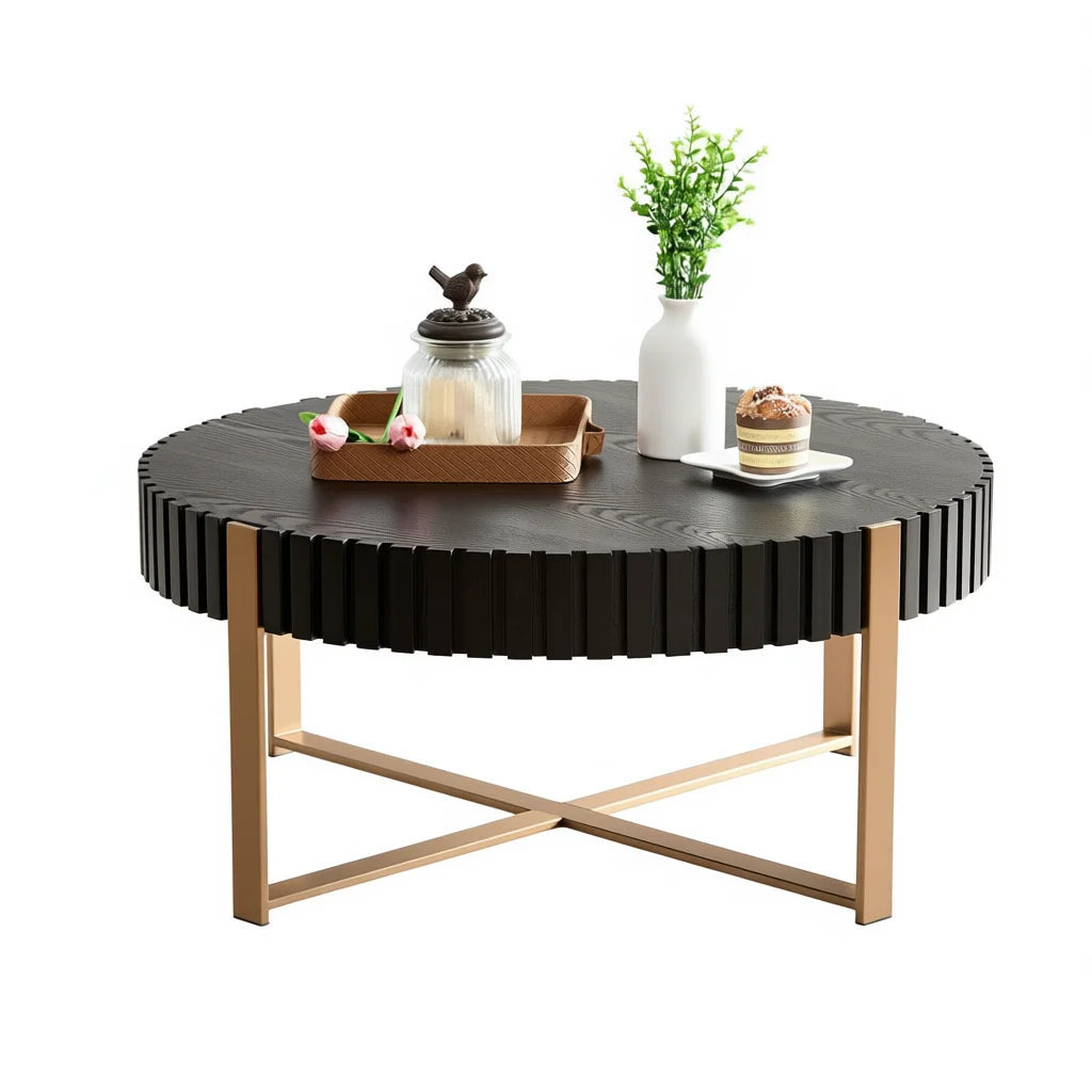 Modern Round Coffee Table 31.5 Inch Matt Black Wood Metal Frame Living Room Furniture