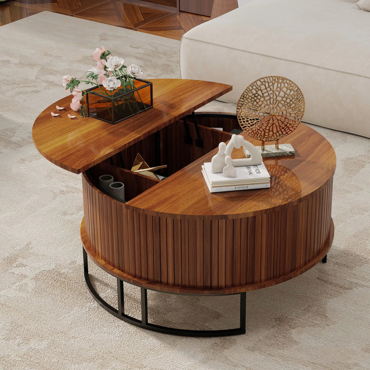 31.5 Inch Round Coffee Table with Storage,Fluted Lift Top Center Table, Midcentury Modern Flip-top Curved Table for Living Room,
