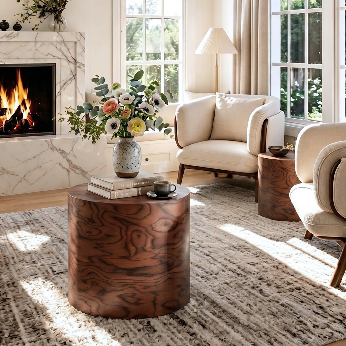 2-Piece Nesting Round Coffee Table Set, Tree Stump Drum Accent Side Table, No Assembly, Natural Swirl Grain Rustic Accent Table