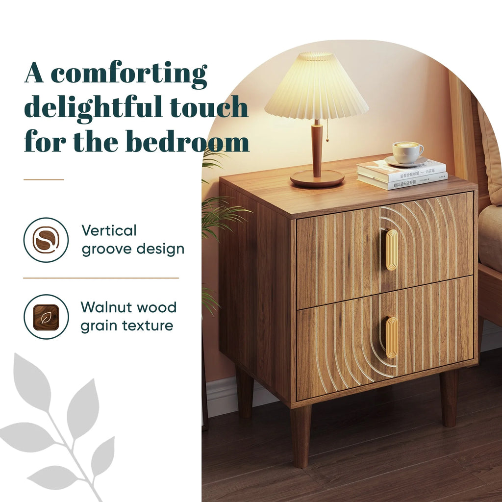 Medieval-style modern bedside table with double drawers for storage and solid wood legs; bedroom side table, bedside storage cab