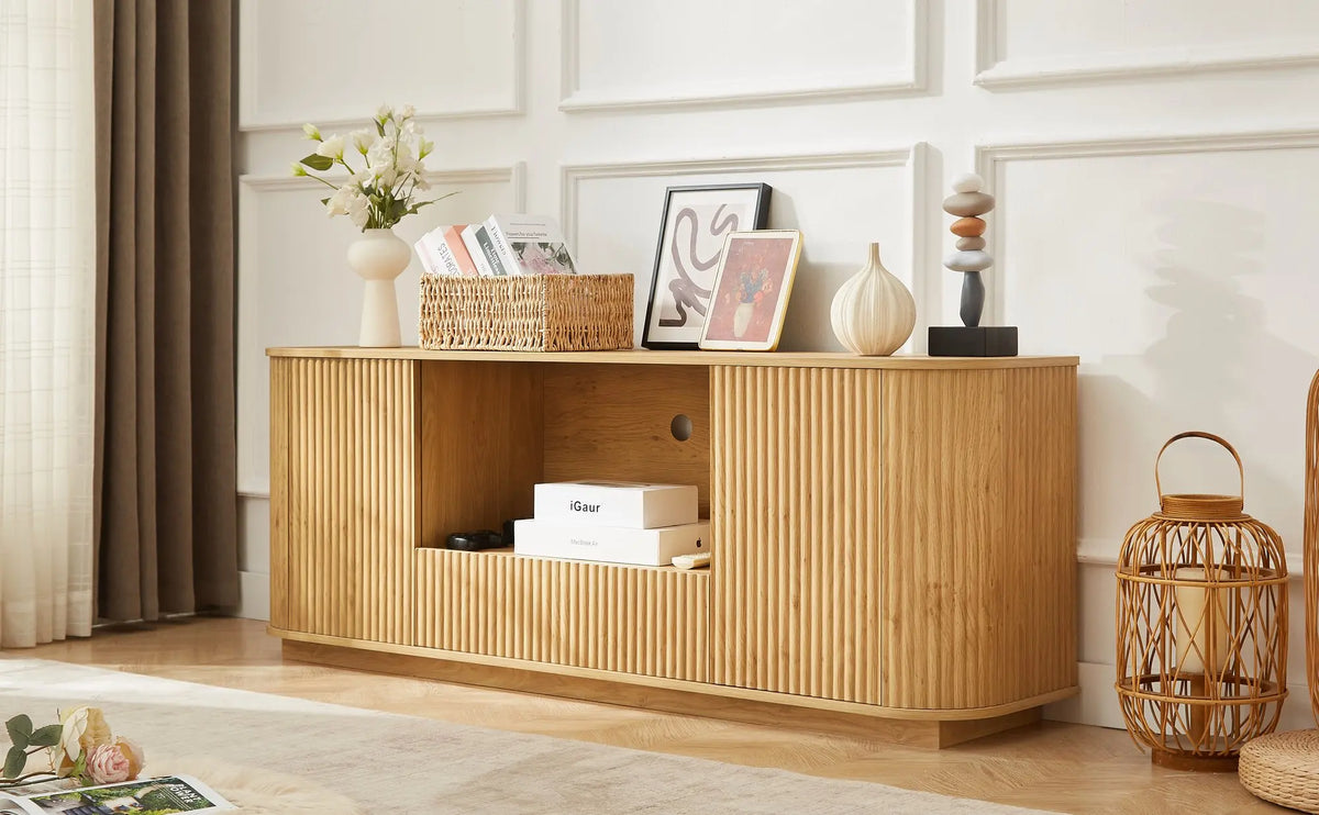 Ripple Fluted Wood TV Stand Modern Entertainment Center Media Console Cabinet with Storage for Living Room Home Furniture