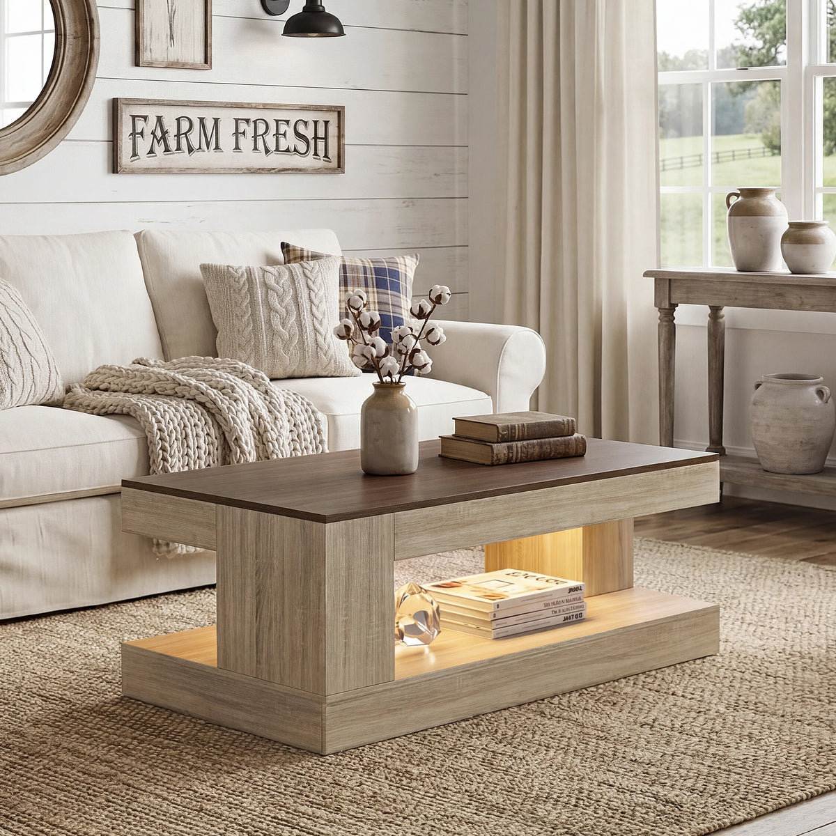 Modern Durable Handmade Wood Coffee Table APP Control Lights Two-Tone Finish 2-Tier Storage Eco-Friendly Living Room Furniture