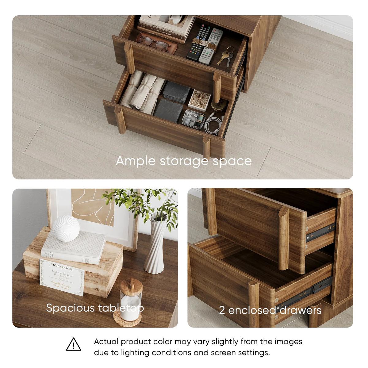 Minimalist walnut-colored nightstand, two-drawer bedside storage cabinet with rounded corners; suitable for bedrooms, living roo