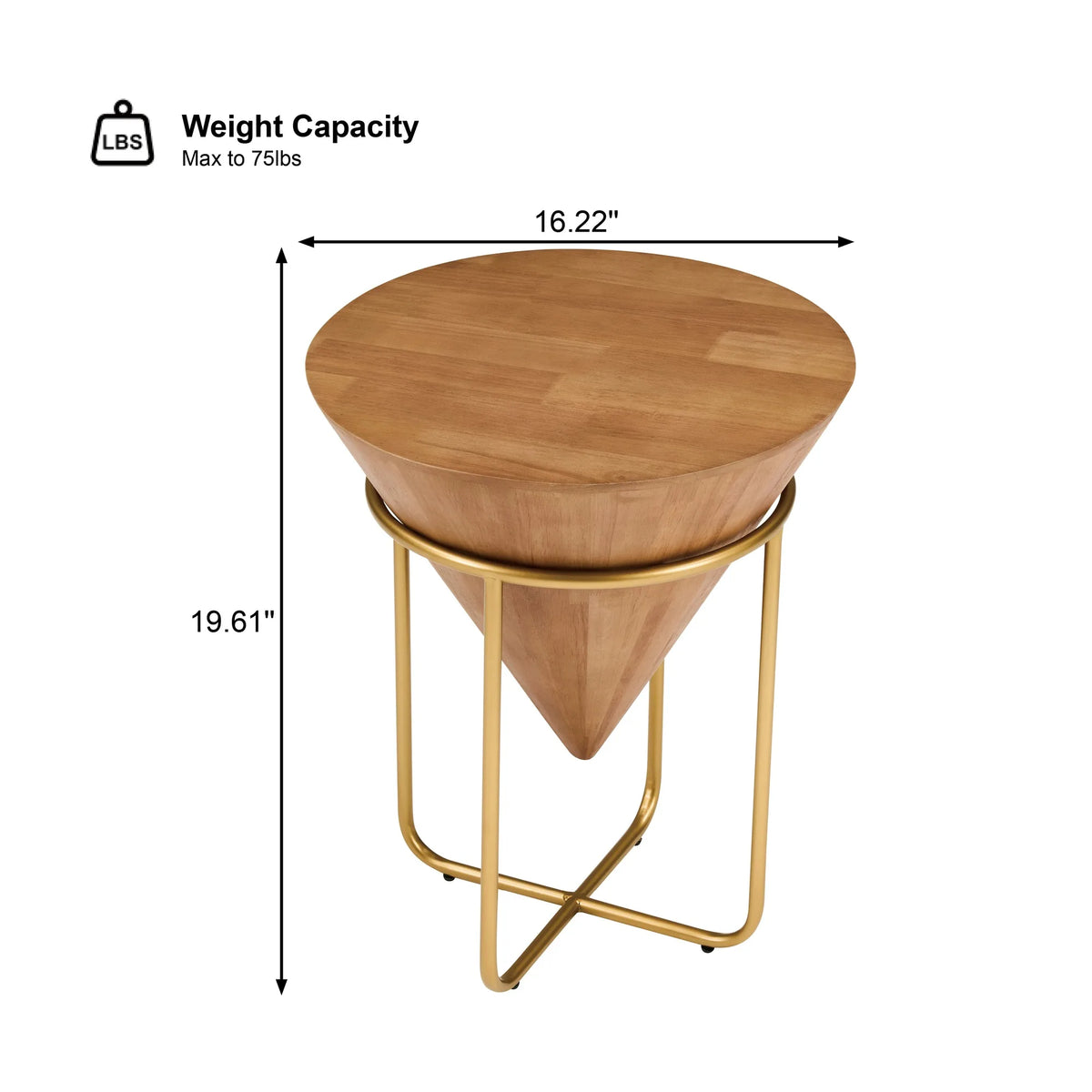 Minimalist & Luxe Wood & Gold Side Table, Cone-Shaped Round Accent Table, Multi-Space Versatile End Table for Living Room, Bedro