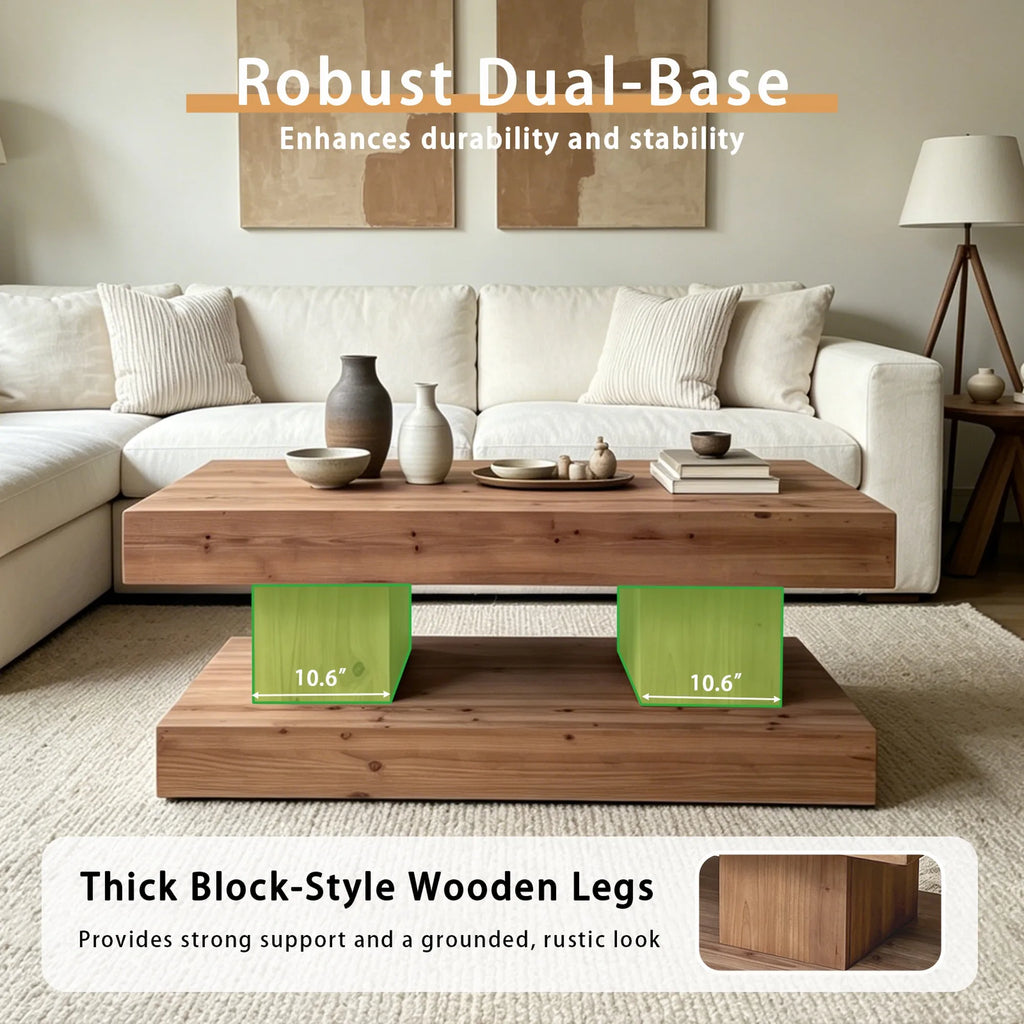 47.24 InchNatural solid wood coffee table with thick top and double pillar base. Classic rustic & minimalist style, sturdy and p