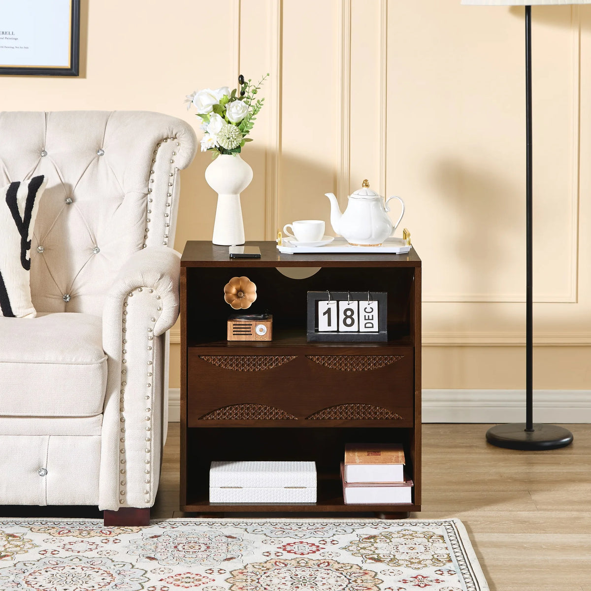 Mid Century Modern Rattan Nightstand with Charging Station USB Ports & Outlet Hole & 4 Solid Wood Bases, Farmhouse End Table wit