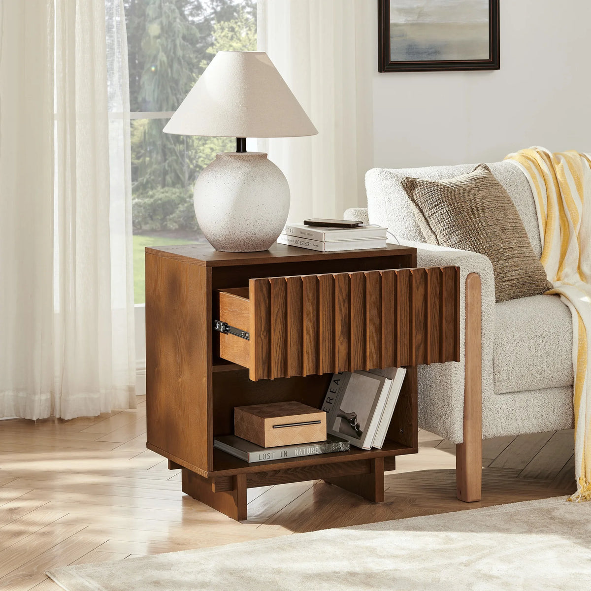 23.4 Inch Mid Century Modern Grille Slat Nightstand with Hidden Charging Station USB Ports & Outlet Hole, Farmhouse End Table wi