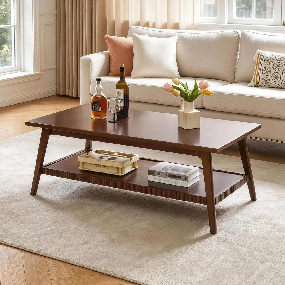 Solid Wood Coffee Table, Rectangular Living Room Coffee Table with Lower Storage Shelf, Wooden Center Cocktail Table for Home, A