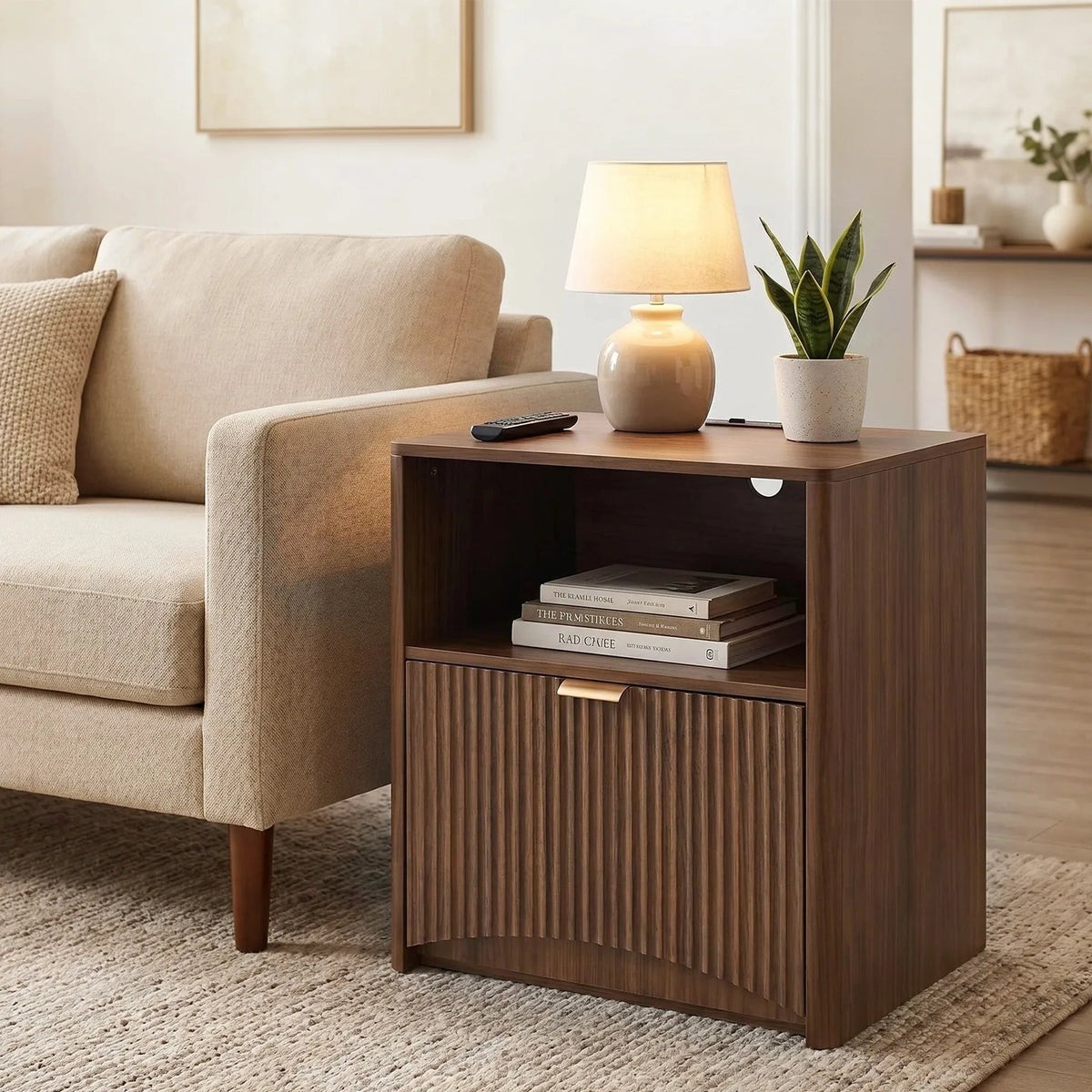 Nightstands Set of 2, Mid Century Modern Bedside Table with Charging Station, Fluted Nightstand with Drawer and Storage, Wood La