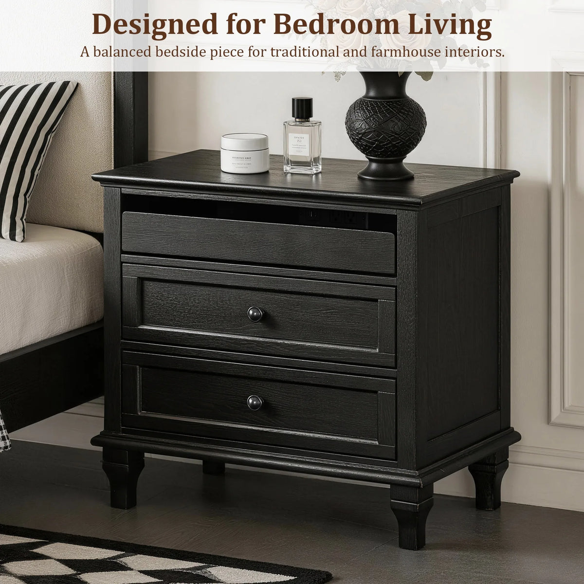 28 Inch Wood Nightstand with Charging Station, Farmhouse Bedside Table with 3 Drawers, USB & Type-C Ports, Storage End Table for