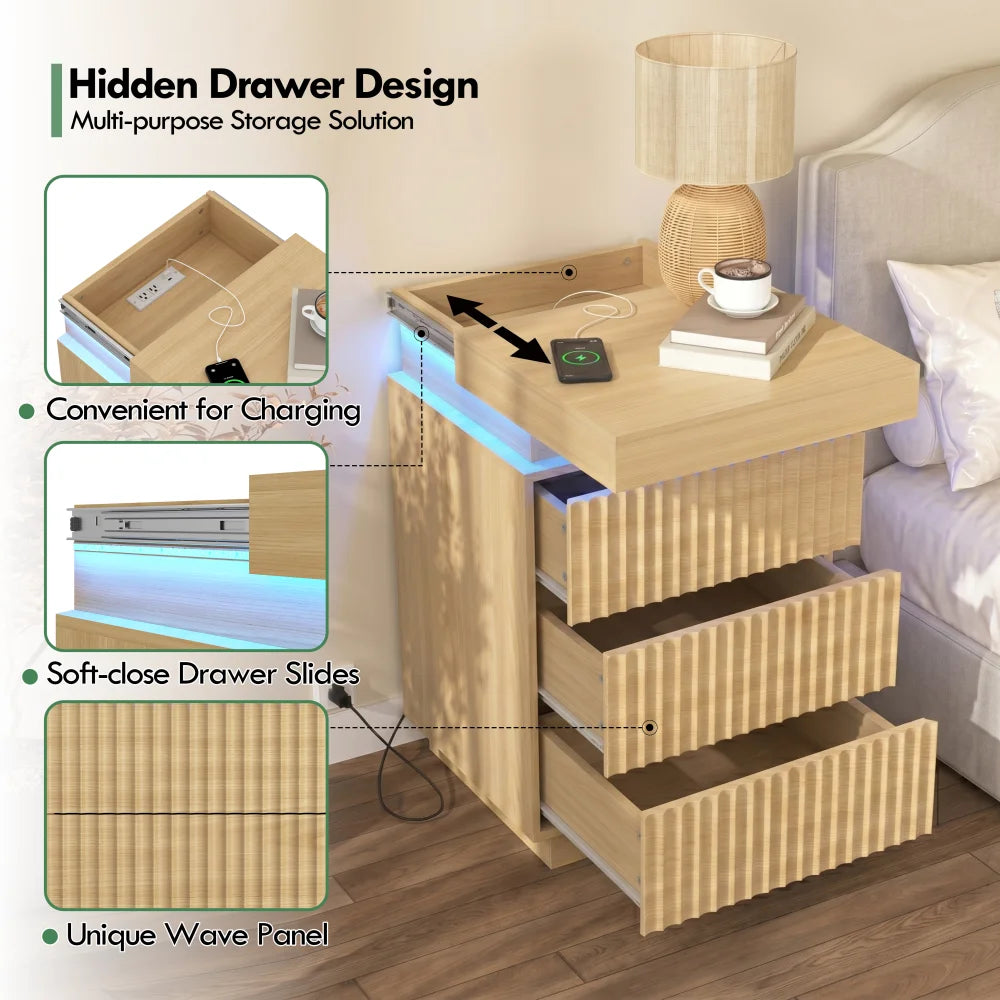 Natural Nightstand Set of 2 Fluted Wave Panel Bedside Table with Charging Station and LED Lights