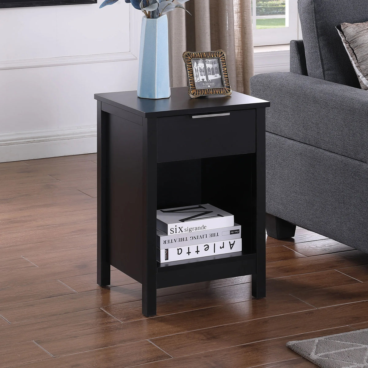 Nightstand with Drawer,3-Tier End Side Table with Storage Drawer and Shelf,Modern Bedside Night Stand for Bedroom, Living Room-R