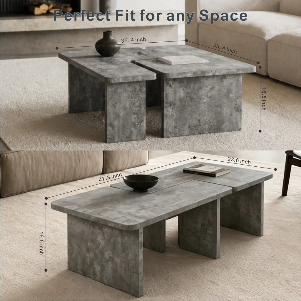 Modular Concrete Coffee Table Set of 2, Nesting L-Shaped Puzzle Center Table, Faux Stone Look Square or Rectangular Cocktail Tab