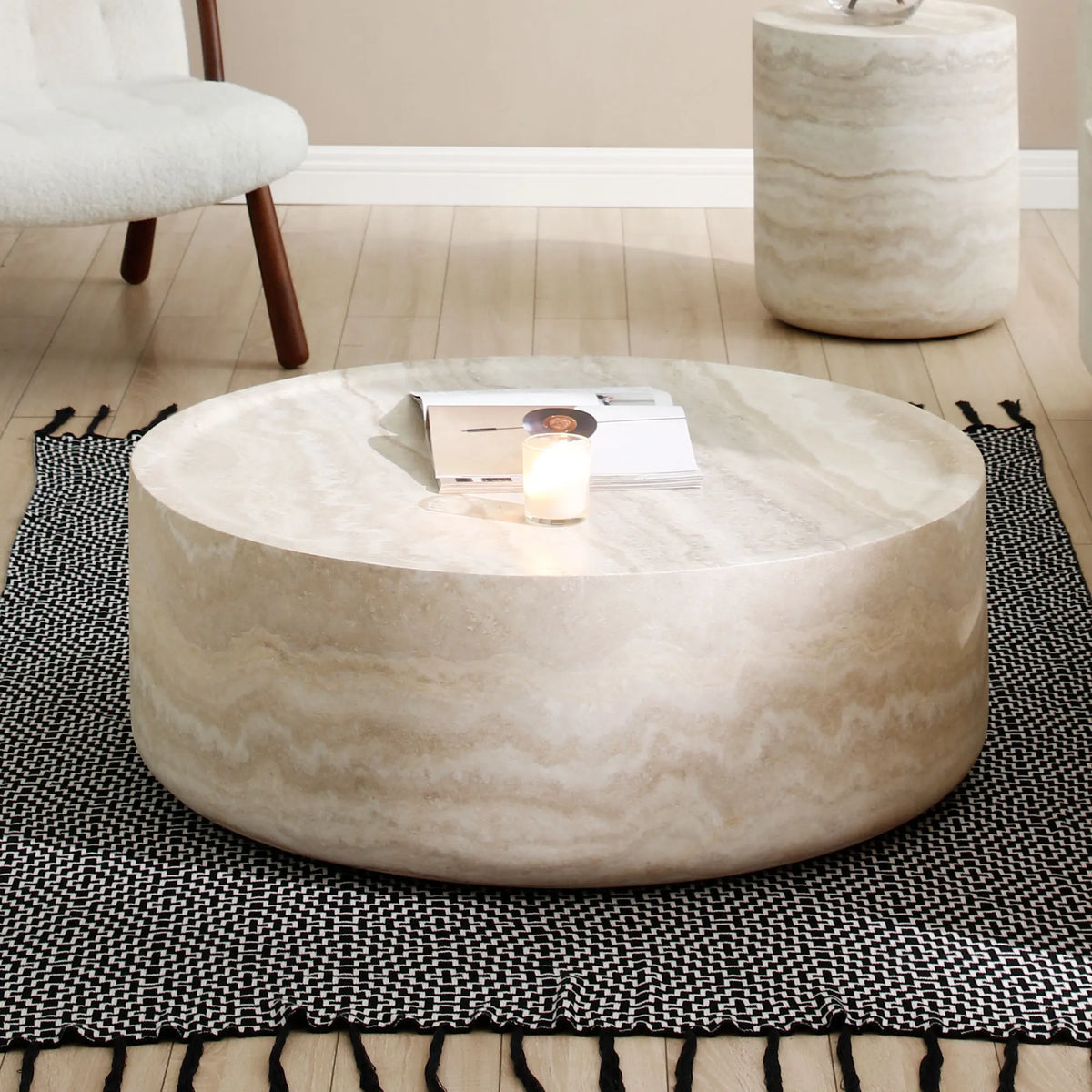 Modern Faux MARS Pattern Round Coffee Table with Storage for Living Room Faux Travertine Textured Design No Assembly Needed