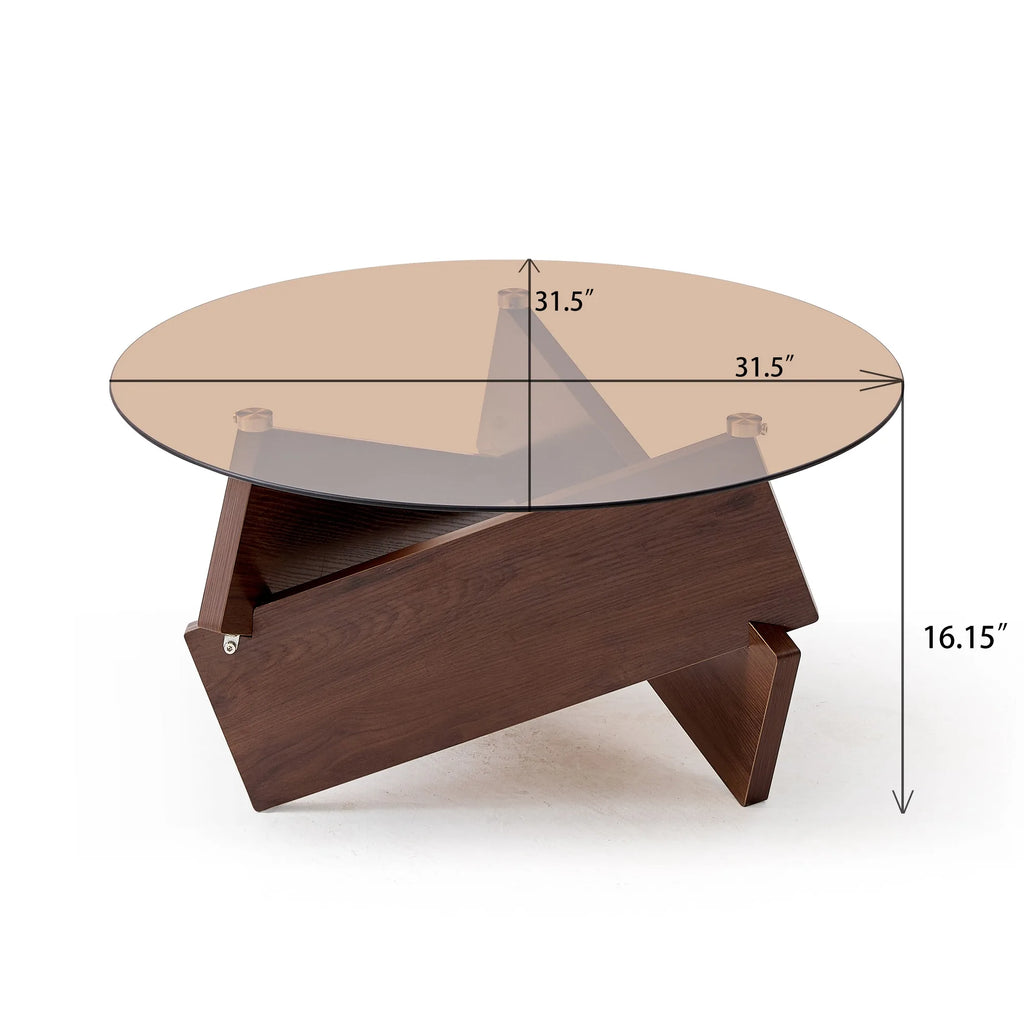 Modern round coffee table, small farmhouse-style coffee table, suitable for living room, with tempered glass top, color: brown