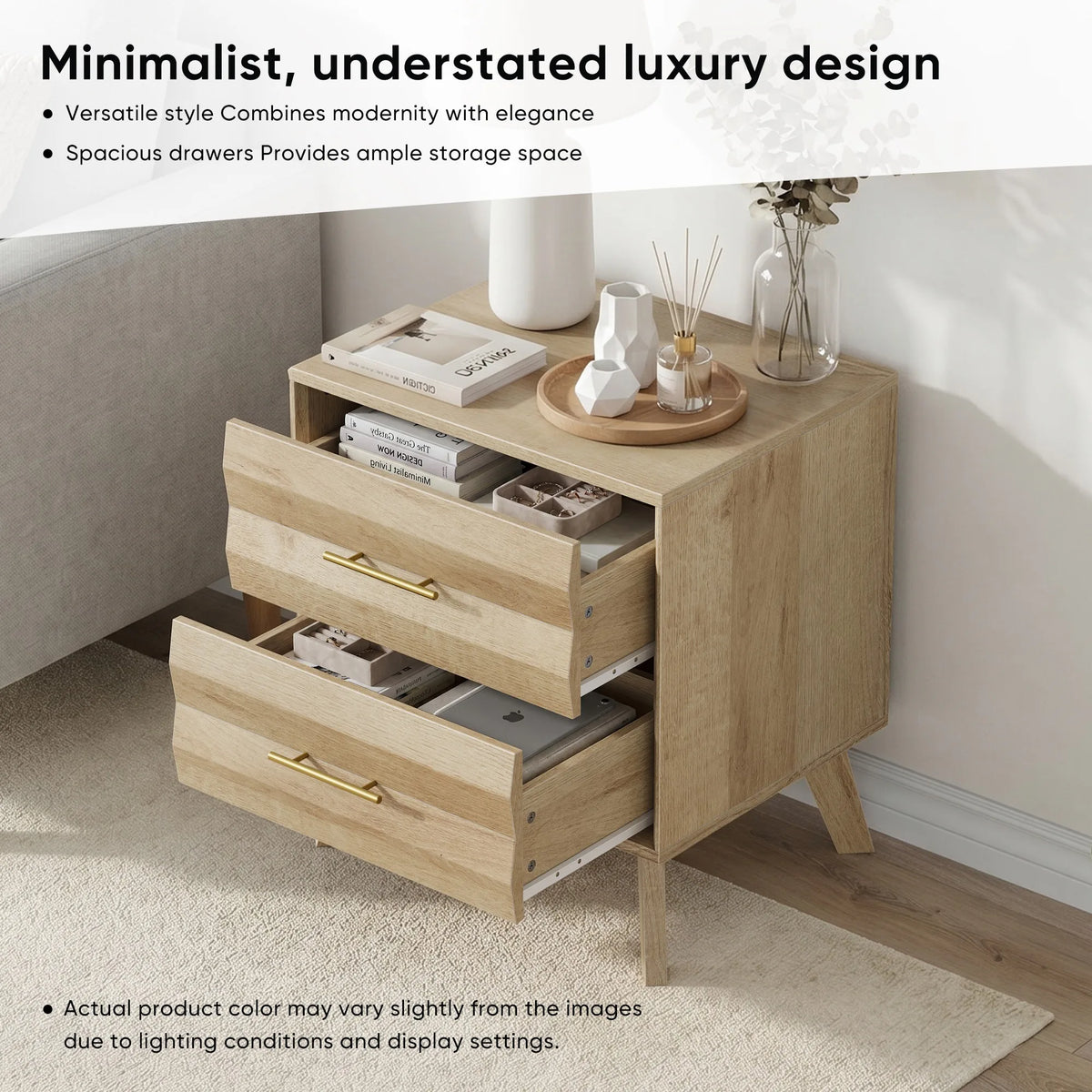 Oak-colored double drawer bedside table, medieval-style modern bedroom bedside storage cabinet, bedside table with metal handles