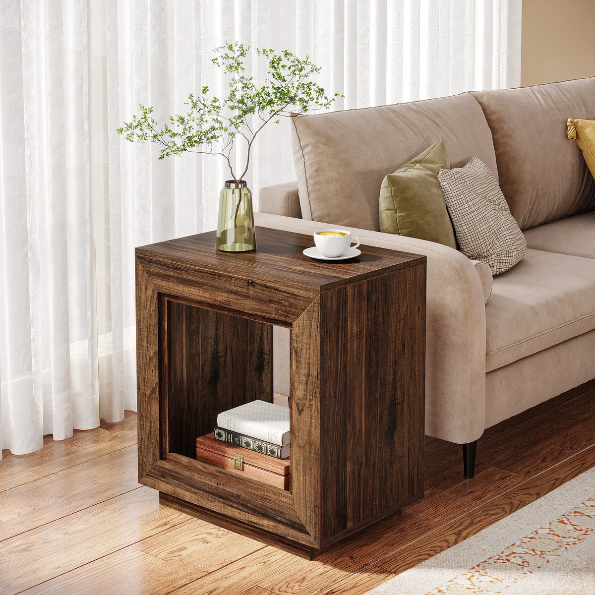 Tribesigns Brown End Table, 24" Side Table with Storage Shelf, Farmhouse Style Nightstand Bedside Table for Small Spaces