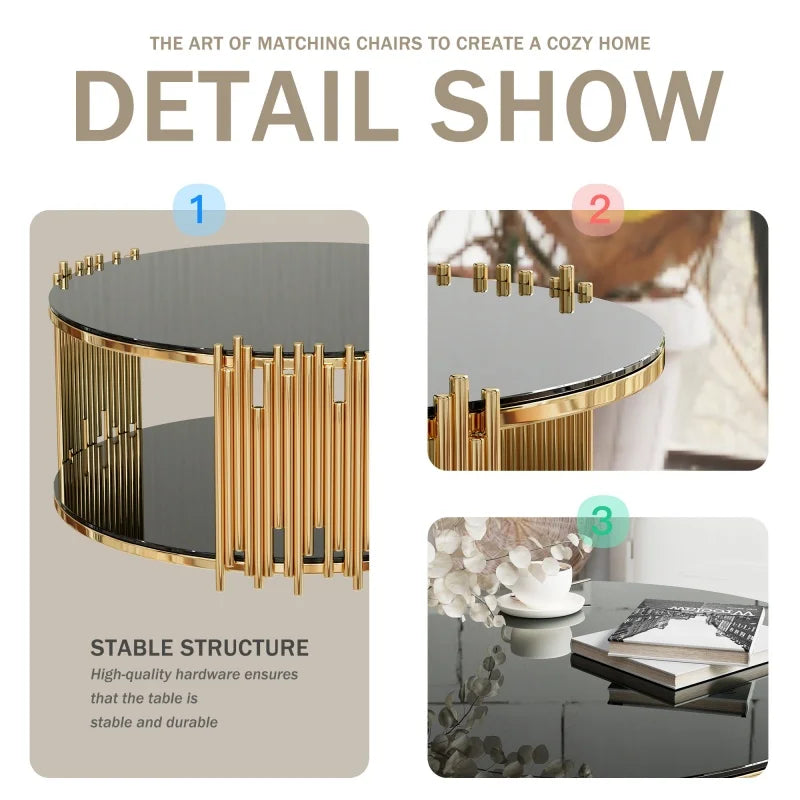 M Modern Light Luxury Durable Living Room Furniture Stainless Steel Circular Coffee Table Storage Tempered Glass Countertop