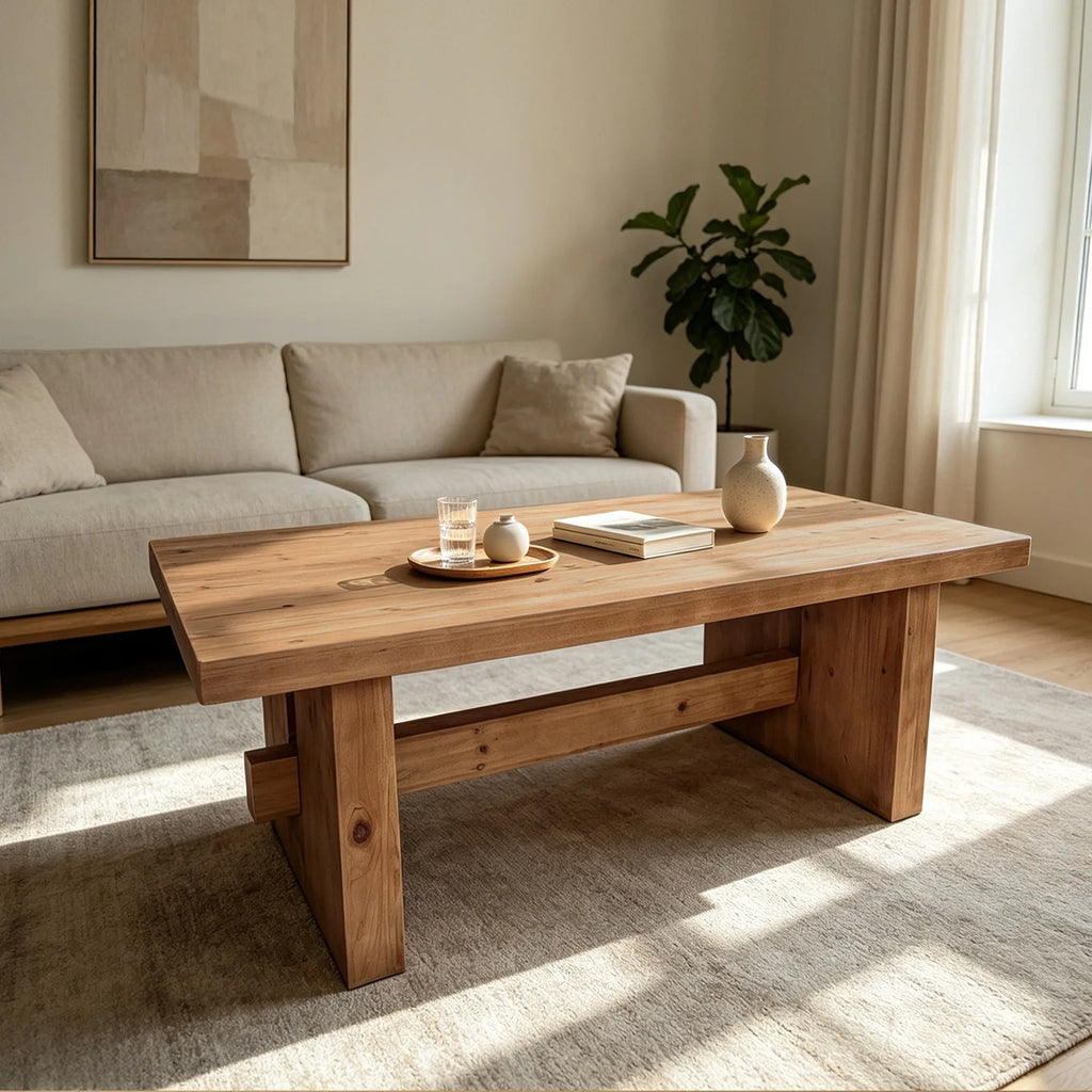 47.24 Inch Coffee table crafted from selected natural solid wood,retaining natural wood grain with warm and rustic wood tones.