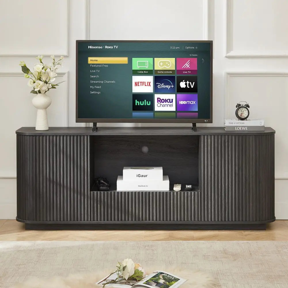 64-Inch Wavy TV Stand Wooden Vertical Stripe Sideboard Storage Cabinet Living Room Bedroom Entryway Media Console Black
