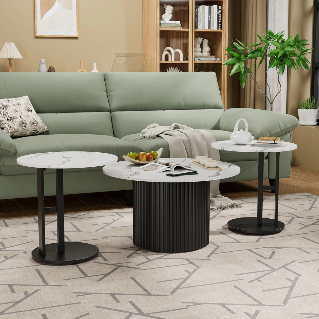 Coffee Table Set of 3, Modern Nesting Coffee Tables with Faux Marble Top and Metal Legs, Round Coffee & Side Tables with Ribbed