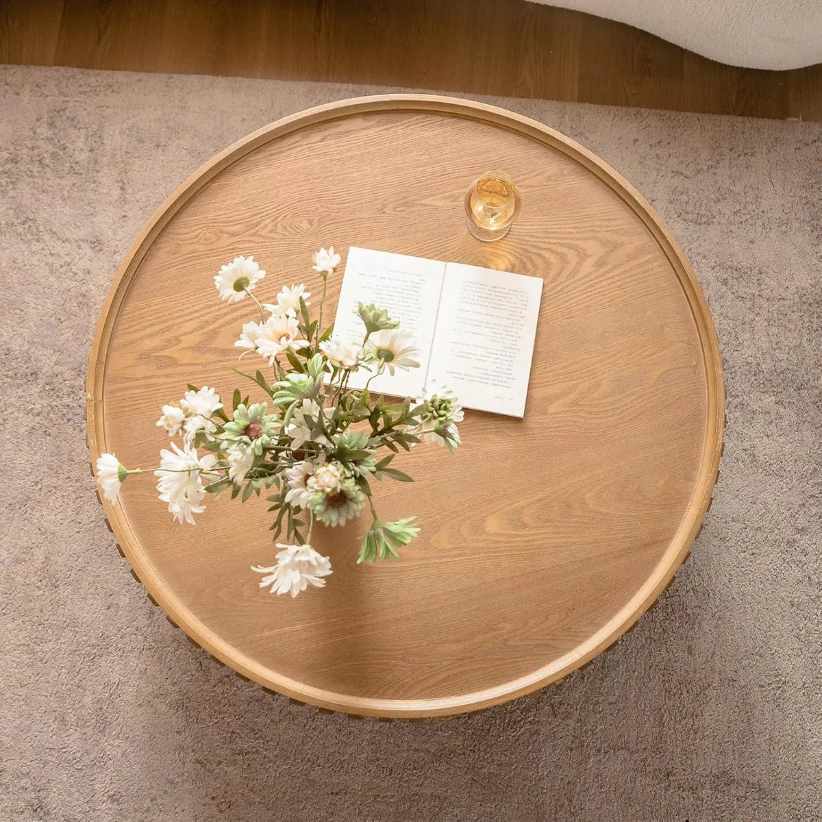 Mid-Century Modern Farmhouse Wood Coffee Table with Carve Design for Living Room and Small Spaces Coffee Table