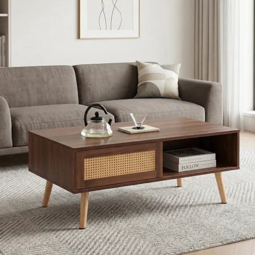 M Mid Century Modern Rattan Coffee Table with Storage Rectangle Wooden Accent Center Tables with Sliding Wood Legs