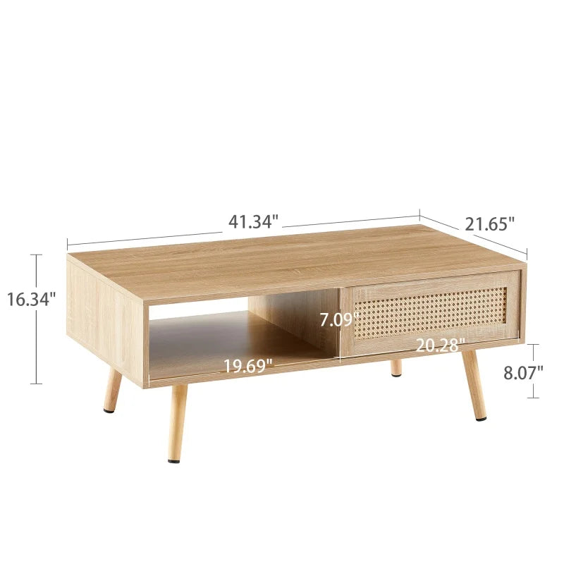 M Mid Century Modern Rattan Coffee Table with Storage Rectangle Wooden Accent Center Tables with Sliding Wood Legs