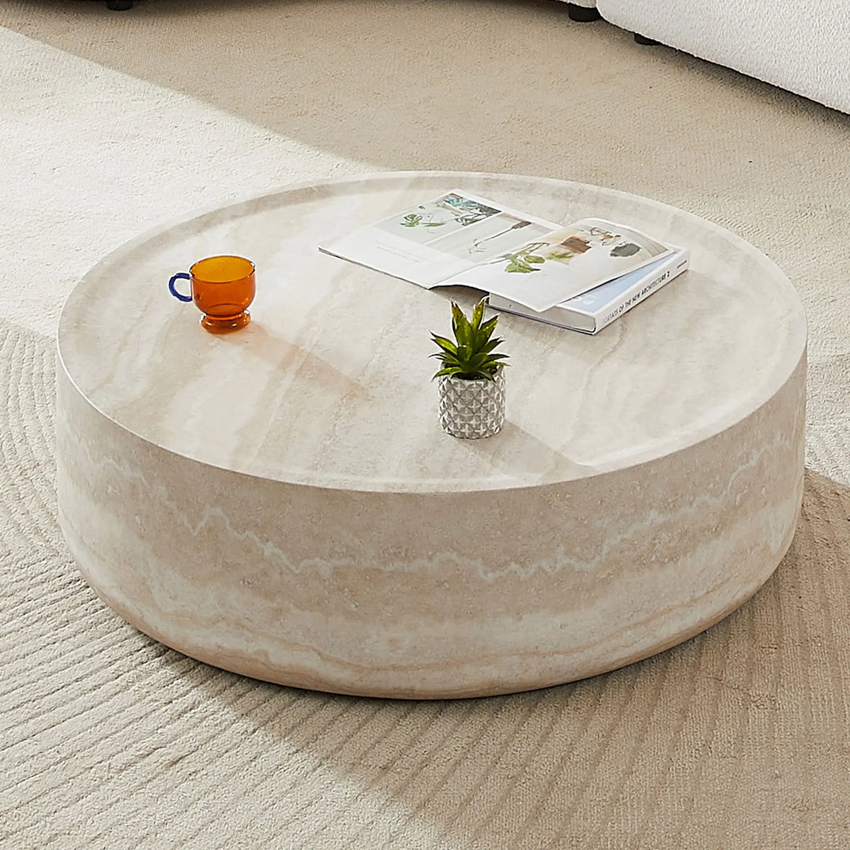 Modern Faux MARS Pattern Round Coffee Table with Storage for Living Room Faux Travertine Textured Design No Assembly Needed