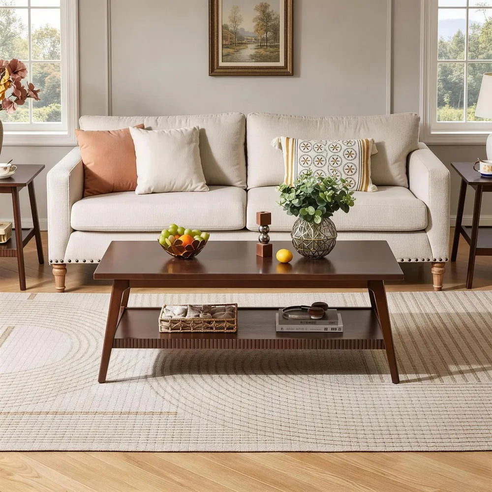 Solid Wood Coffee Table, Rectangular Living Room Coffee Table with Lower Storage Shelf, Wooden Center Cocktail Table for Home, A