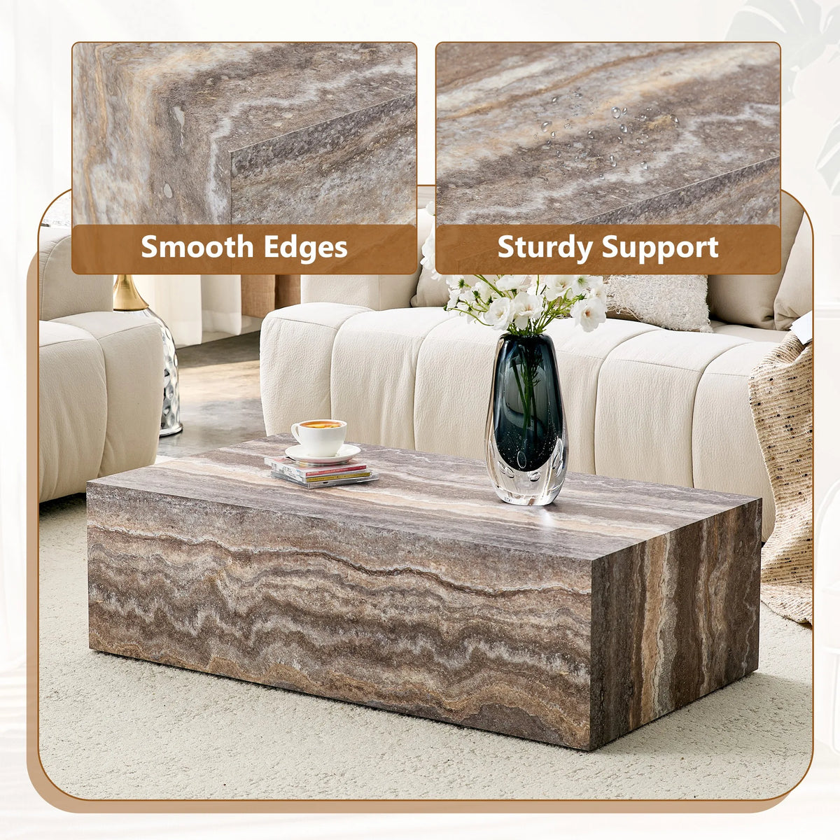 39.3 * 21.6 inch gray marble patterned MDF rectangular coffee table, stable, waterproof and easy to clean, modern minimalist liv