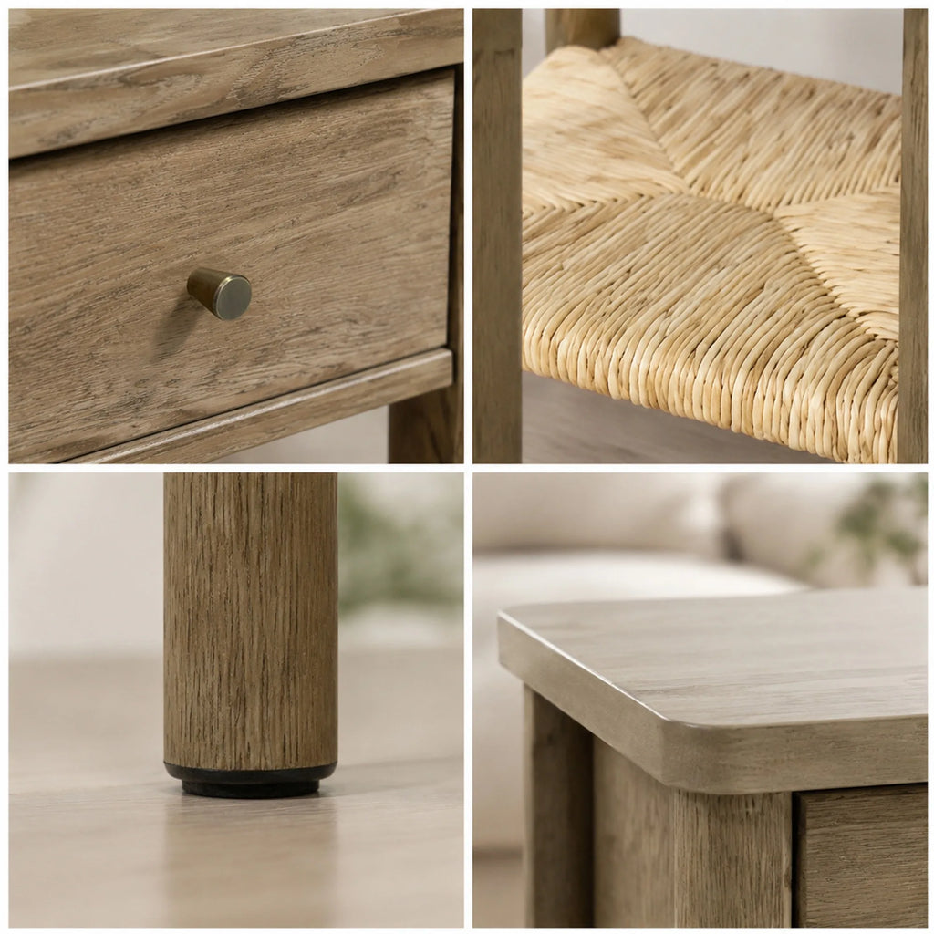Antique Grey Ainsley Nightstand Side End Table with Rounded Edge Tabletop, Solid Wood Round Legs, Woven Jute Storage Shelf & Dra