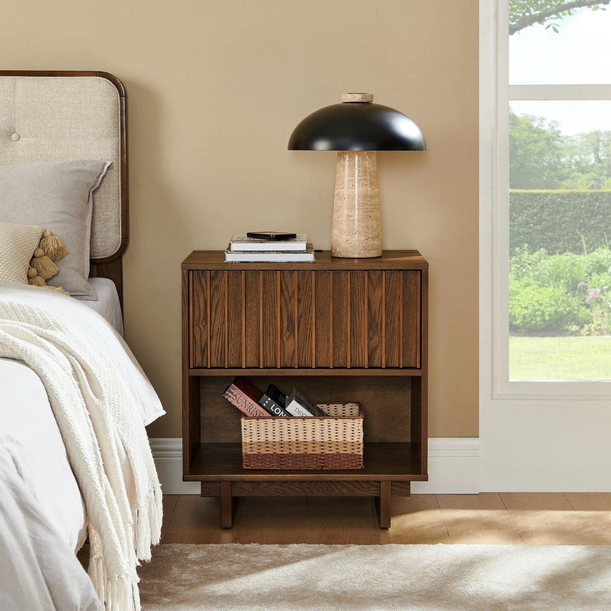 23.4 Inch Mid Century Modern Grille Slat Nightstand with Hidden Charging Station USB Ports & Outlet Hole, Farmhouse End Table wi