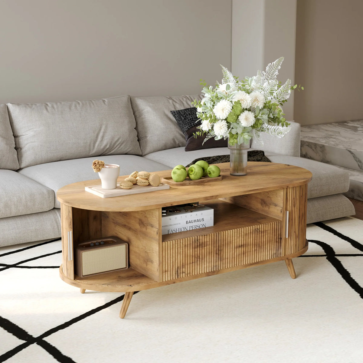 DFW 45.27 Inch Oval Coffee Table with Storage, AlsoCan be used as TV standMid Century Modern Coffee Table with Drawer, Center Ta