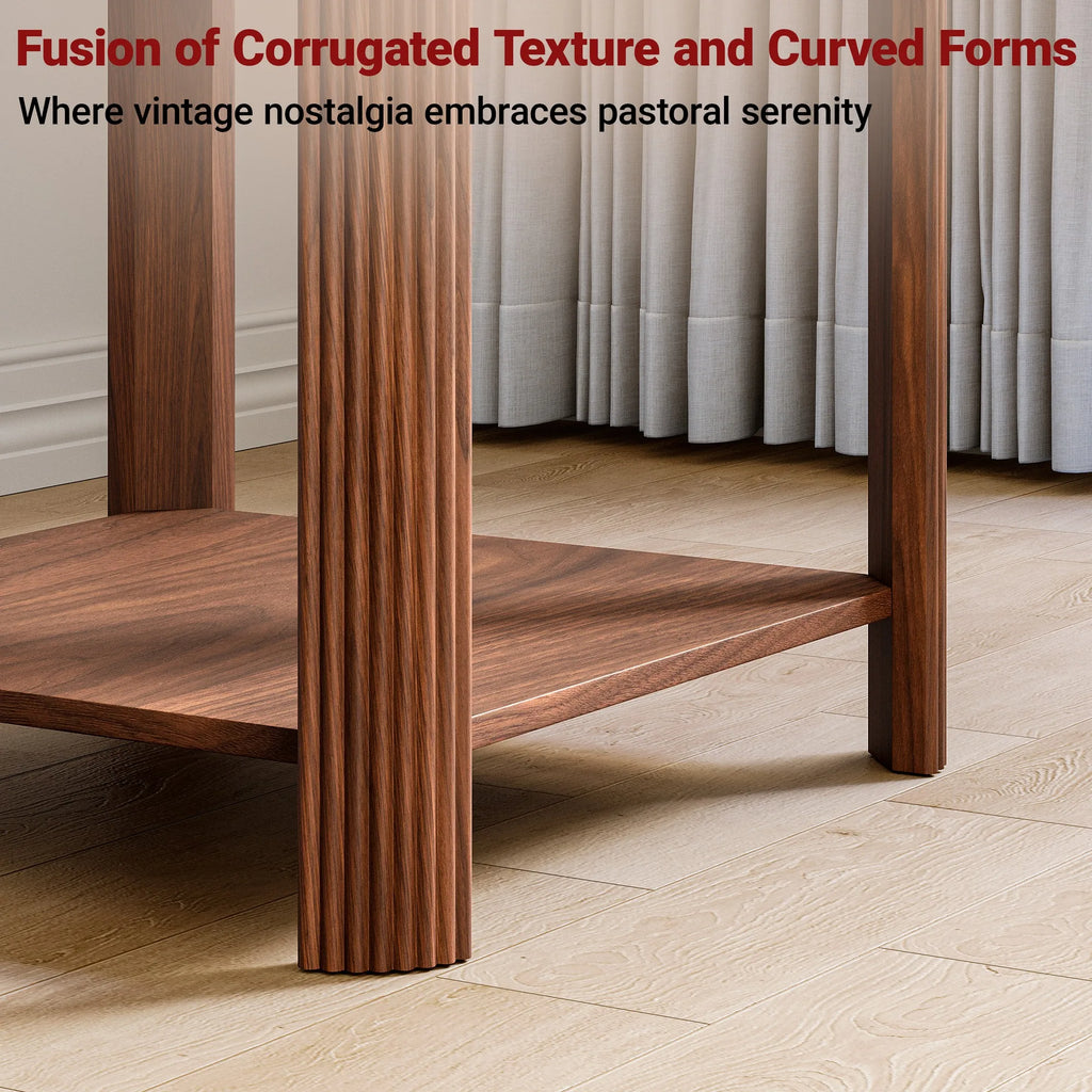 Rounded Corner End Table with Vertical Wave Grain Legs, 2-Tier Boho Side Table, 22.1 Inch Square Nightstand for Small Spaces, fo