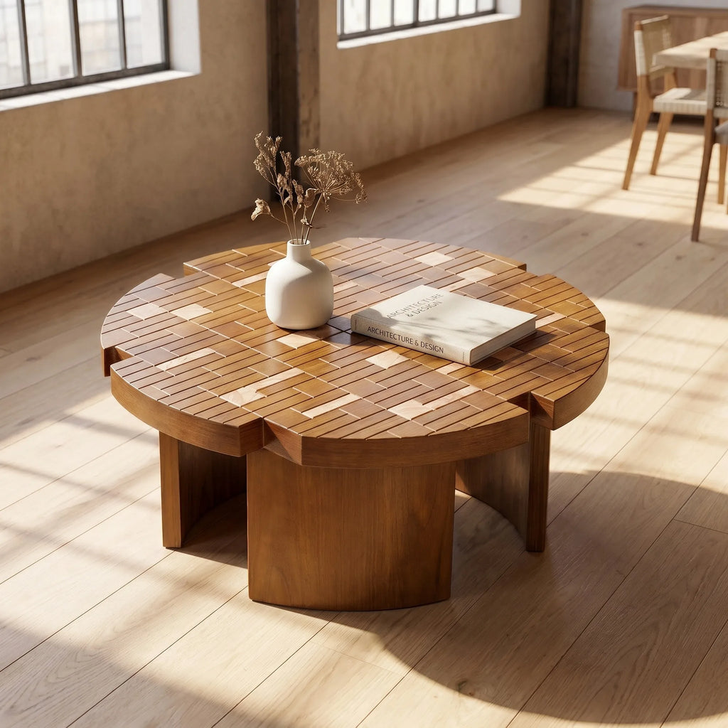 31.5 Inch Mid-Century Flower Petal Coffee Table, Handmade Mosaic Inlaid Wooden Round Center Table, Vintage Walnut Patchwork Coff