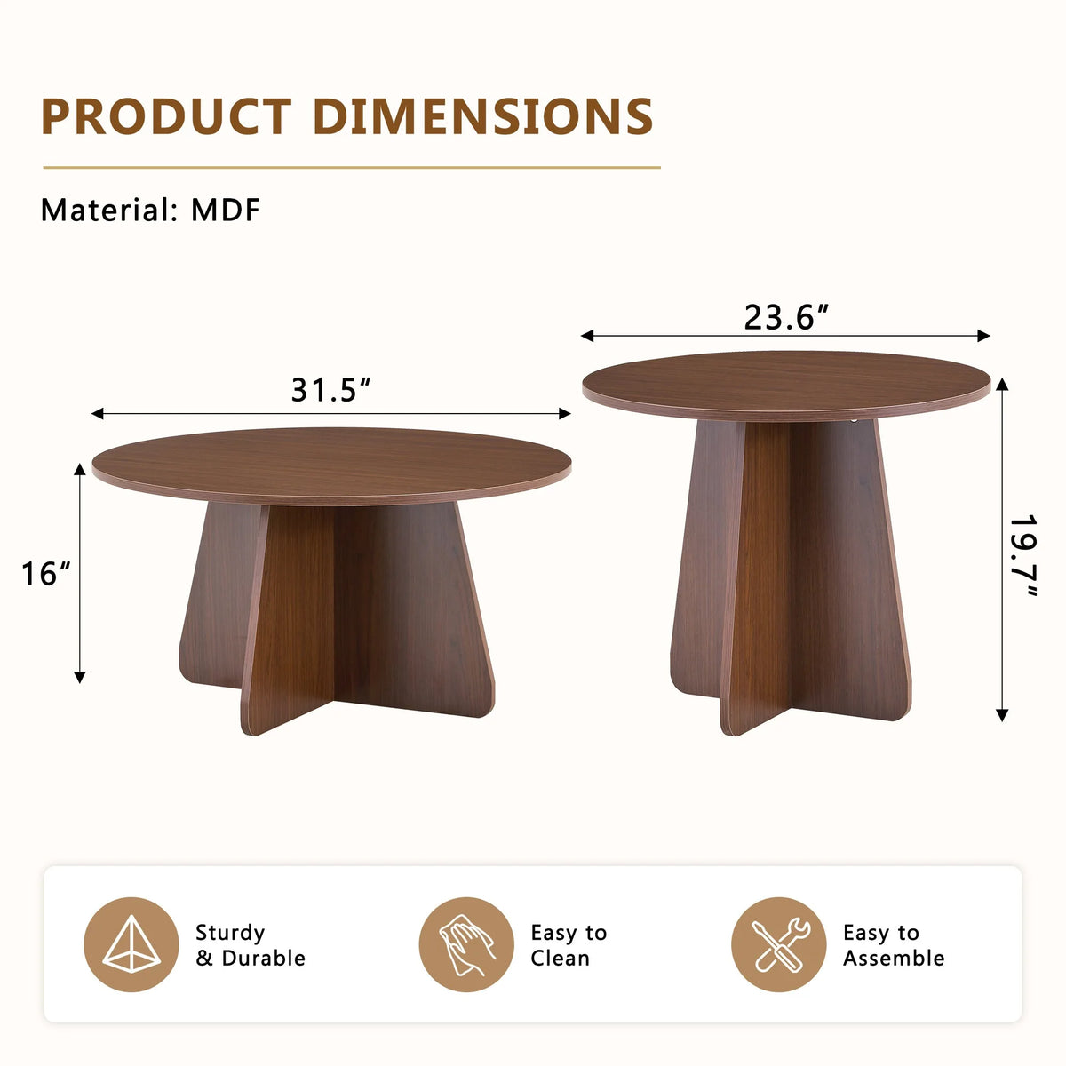 Retro-style nesting coffee table set. Available in walnut or natural wood finishes. Round nesting side tables with crisscross le