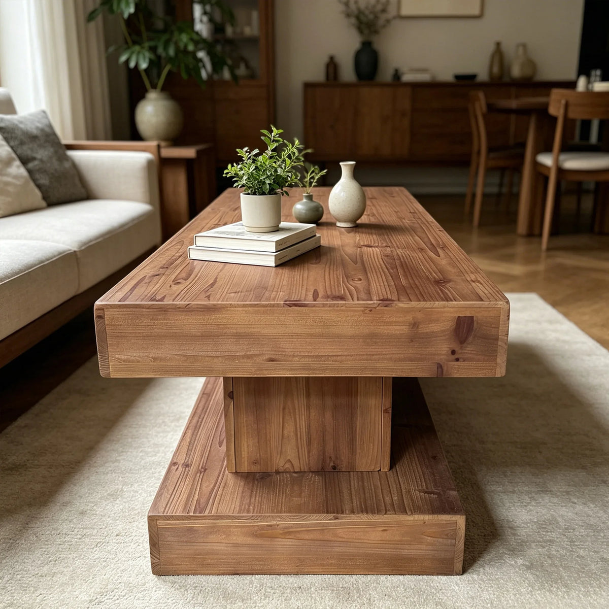 47.24 InchNatural solid wood coffee table with thick top and double pillar base. Classic rustic & minimalist style, sturdy and p