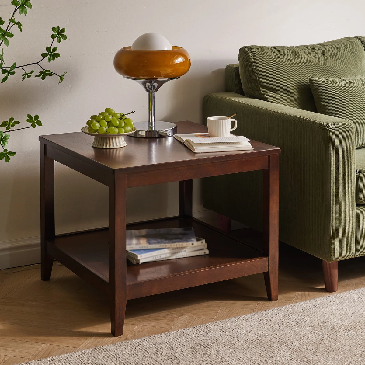 Solid Wood End Table, 2-Tier Square Side Table with Storage Shelf, Wooden Nightstand for Living Room Bedroom, Small Coffee Table