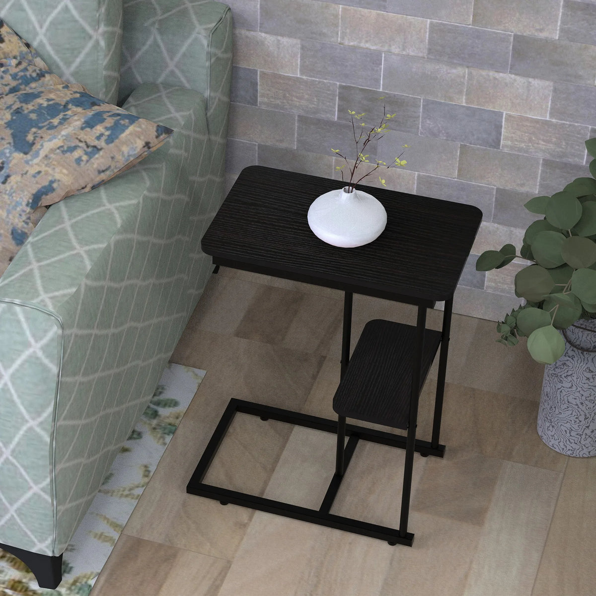 C Side Table,Natural Bed Sofa Snack End Table with Storage Basket,Portablle Laptop Holder Snack Table,Sofa Side Table,Wood Look