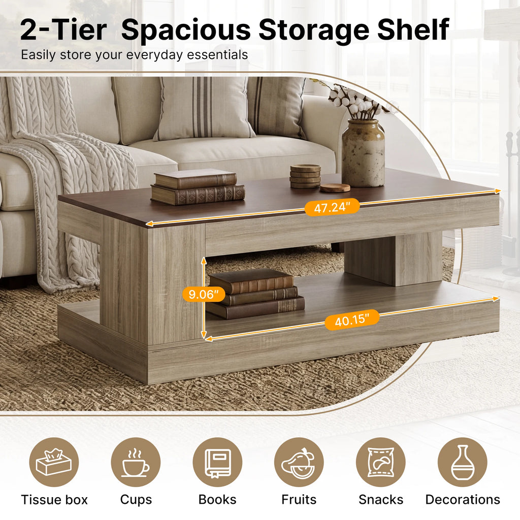 Modern Durable Handmade Wood Coffee Table APP Control Lights Two-Tone Finish 2-Tier Storage Eco-Friendly Living Room Furniture