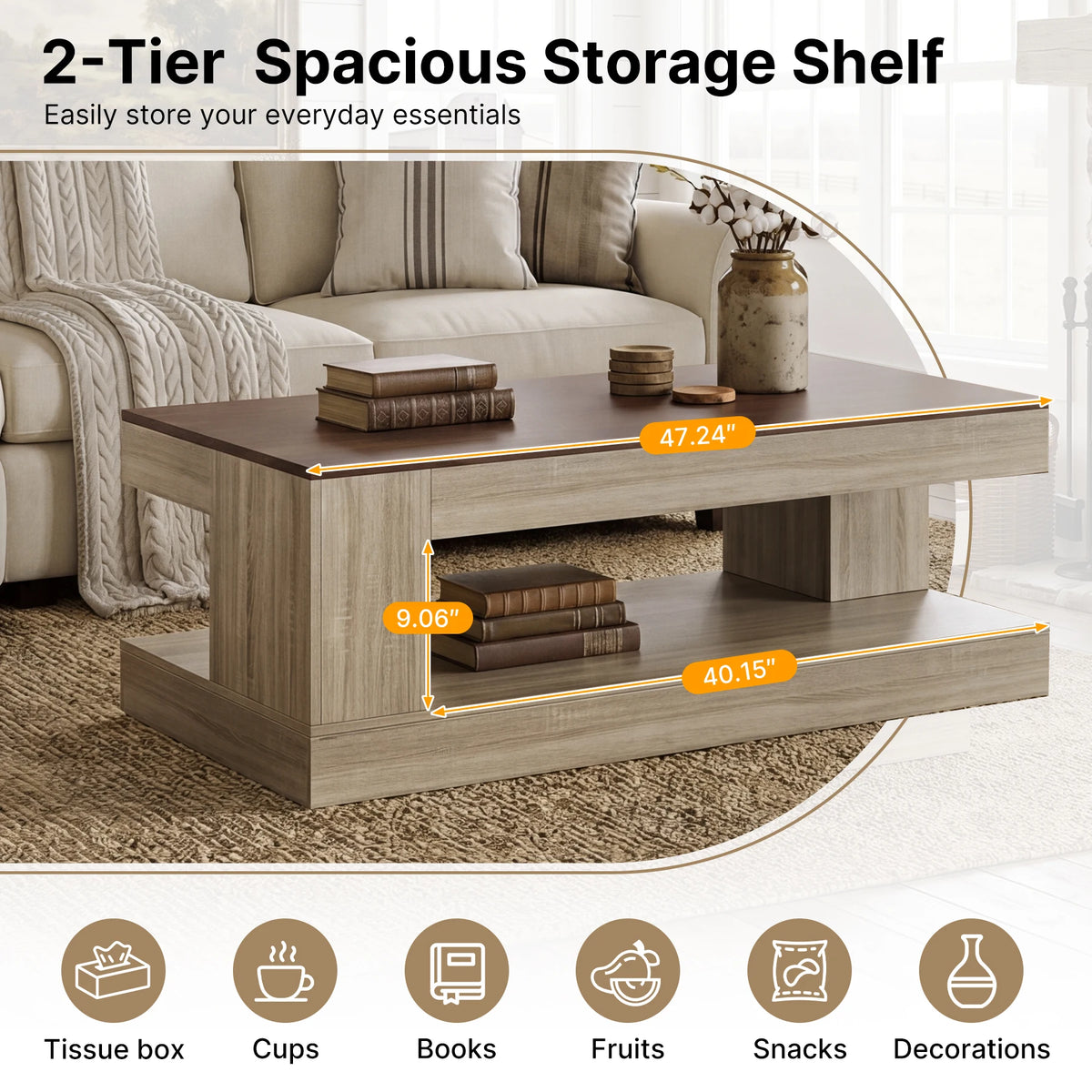Modern Durable Handmade Wood Coffee Table APP Control Lights Two-Tone Finish 2-Tier Storage Eco-Friendly Living Room Furniture