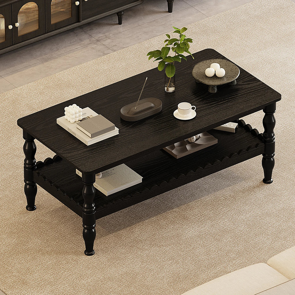 Rectangle Coffee Table Solid Wood Coffee Table with Storage Shelf,Farmhouse 2-Tier Center Table Lacquered Classical Legs,Easy As