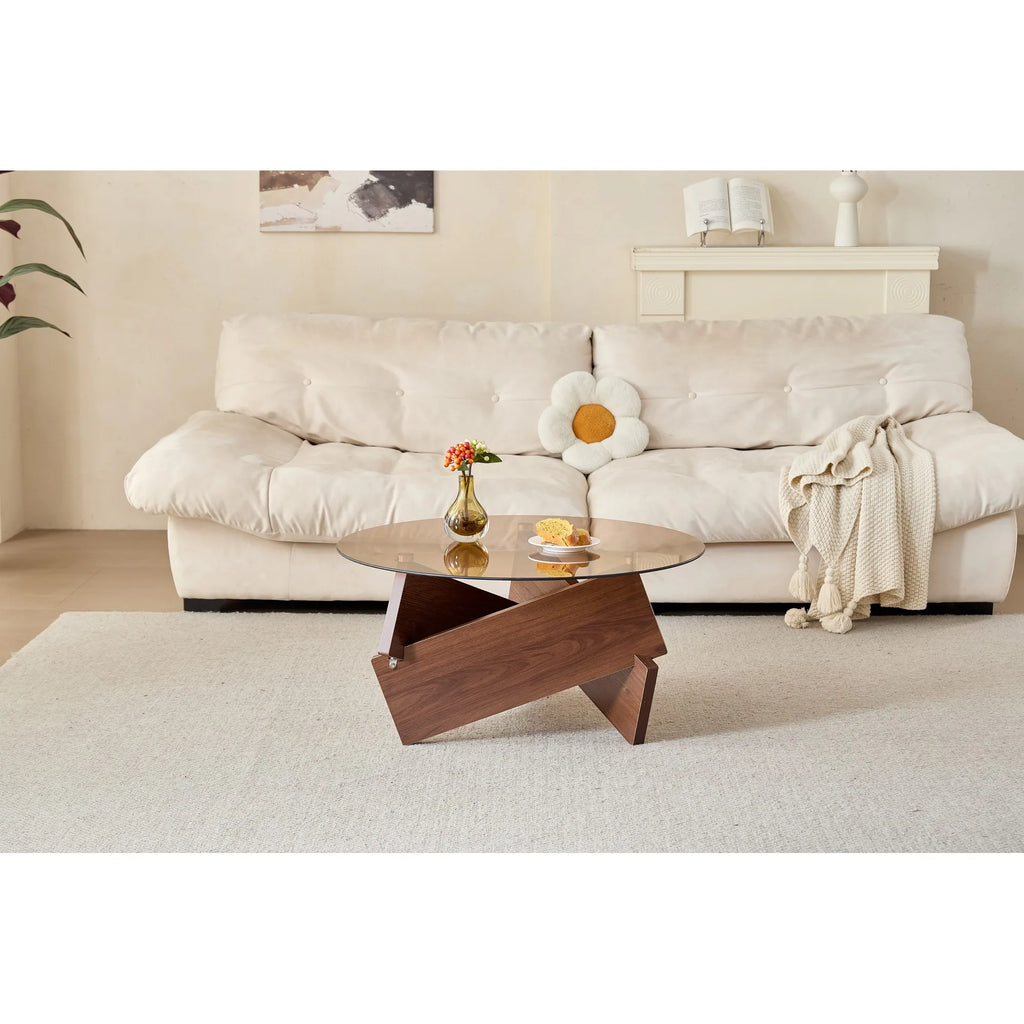 Modern round coffee table, small farmhouse-style coffee table, suitable for living room, with tempered glass top, color: brown