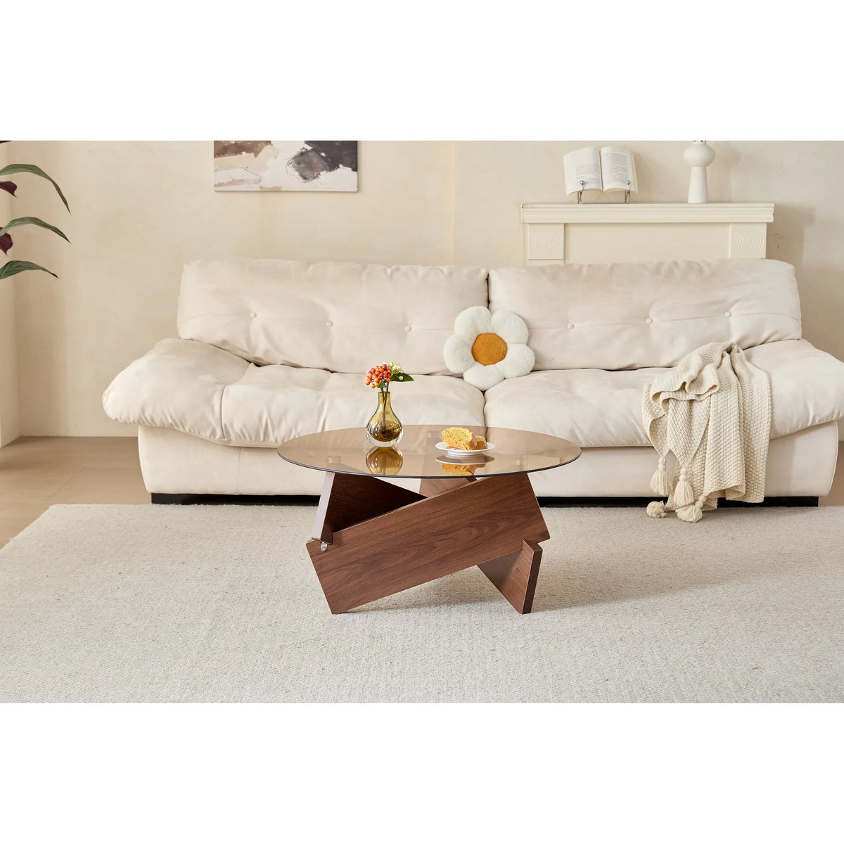 Modern round coffee table, small farmhouse-style coffee table, suitable for living room, with tempered glass top, color: brown