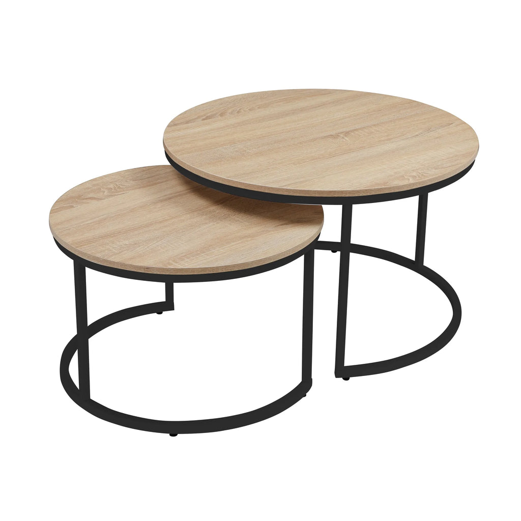 31.5-inch Round Nesting Table set of 2, Accent Coffee Table, Natural Oak Wood Finish, Space-Saving, Modern Industrial Style