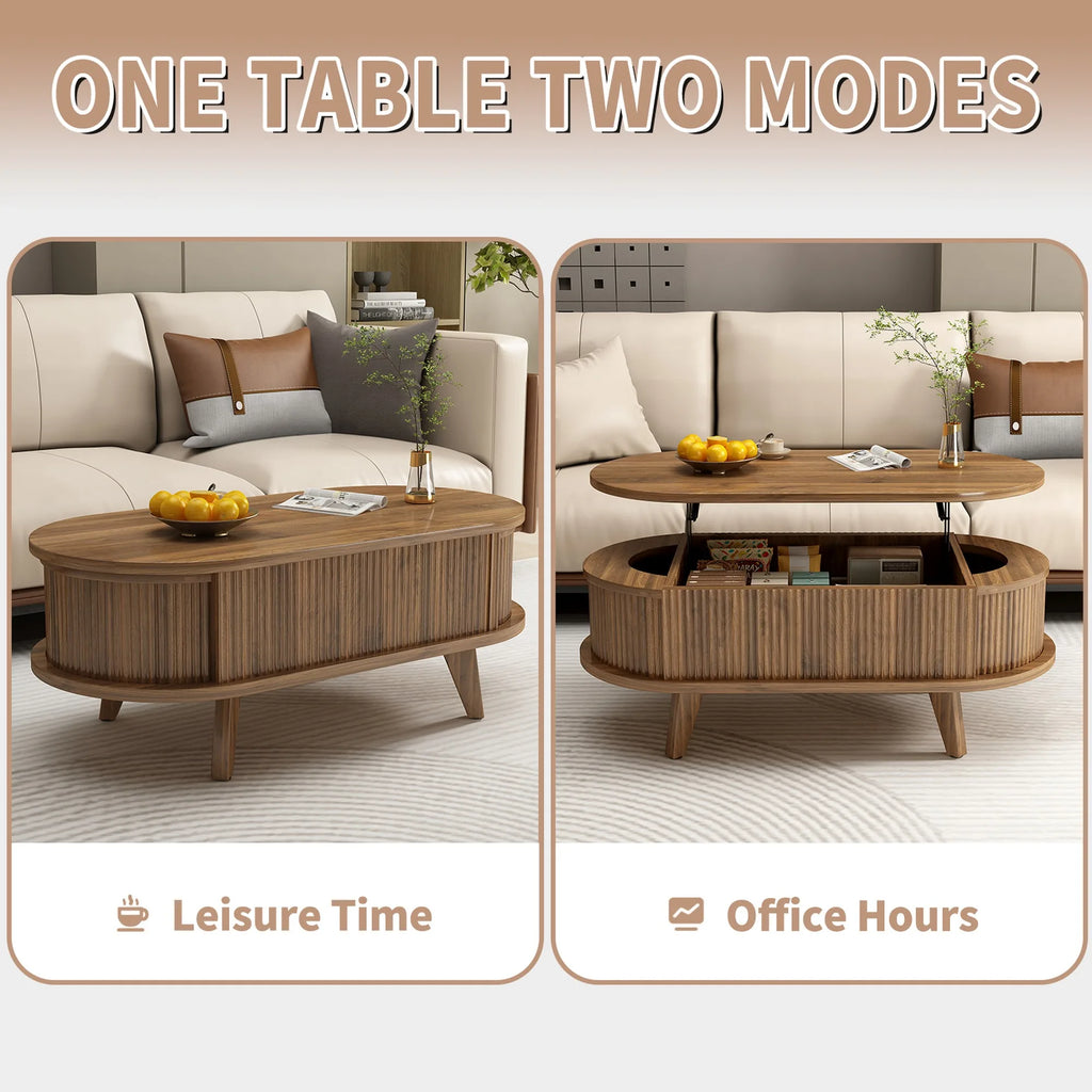Fluted Lift Top Coffee Table with Hidden Compartment, Wooden Center Table, Modern Oval Lift Tabletop for Home Living Room Office
