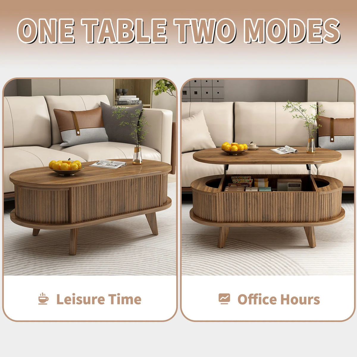 Fluted Lift Top Coffee Table with Hidden Compartment, Wooden Center Table, Modern Oval Lift Tabletop for Home Living Room Office